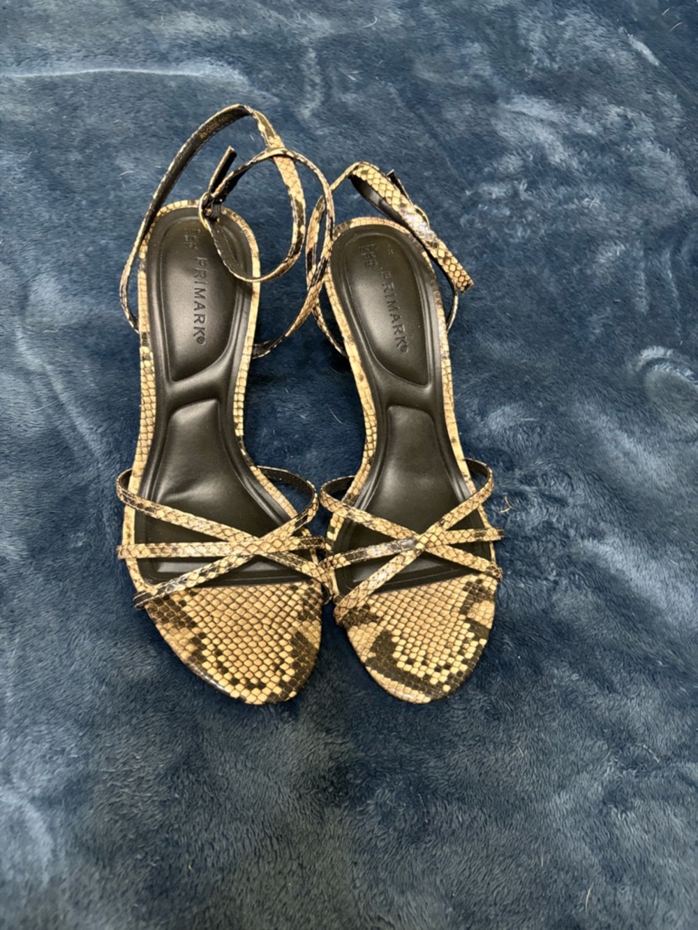 Primark Snake-Print Strappy Heels in Tan and Black